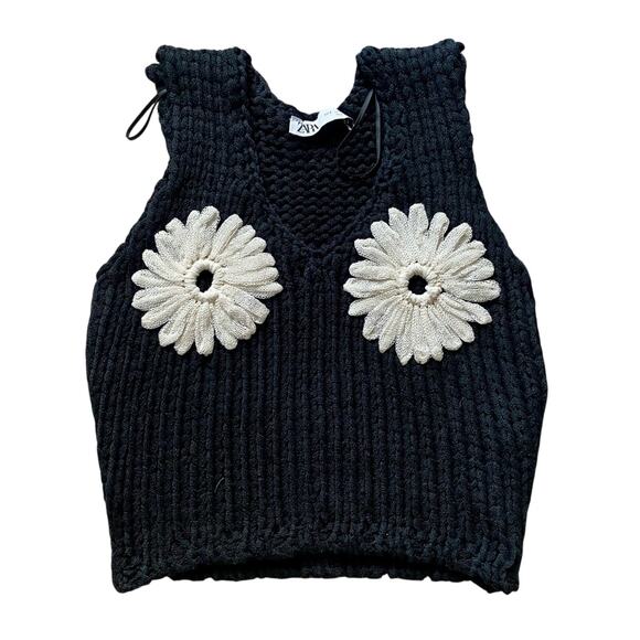 Zara Knit Floral Crochet V-Neck Cottage Prep Casual Shabby Chic Sleeveless Top - Picture 1 of 8